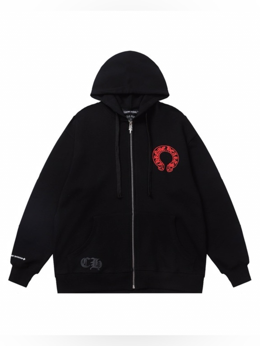 Black Zip-Up Hoodie with Red Emblem